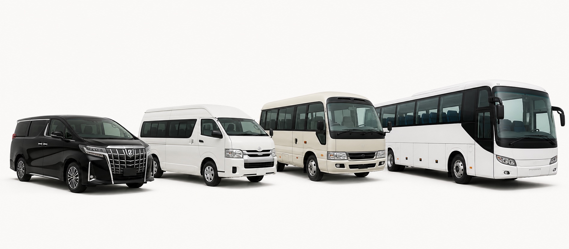 Private vehicle options in Japan: luxury minivan, passenger van, minibus, and coach bus
